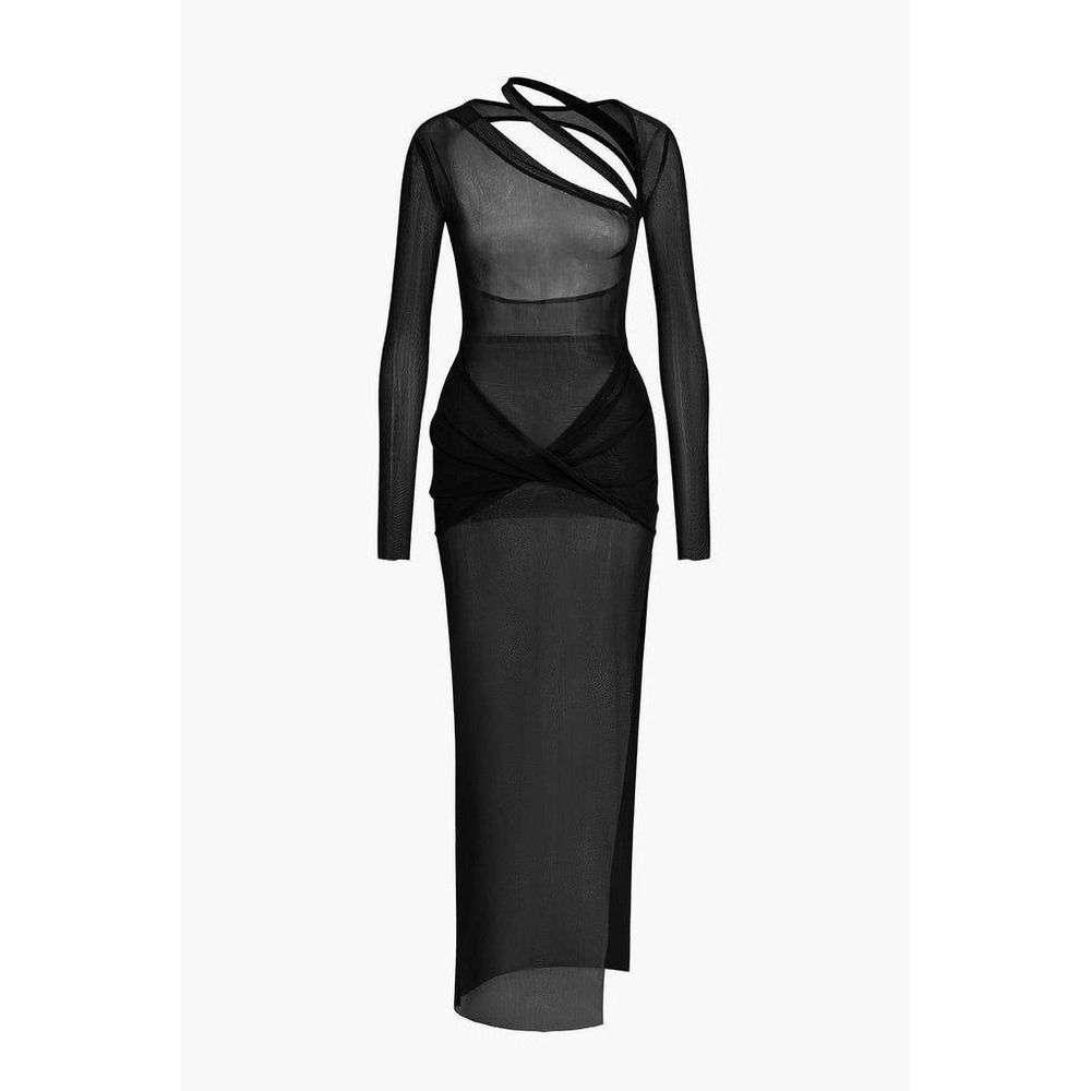 Micas Black Sheer Mesh Cutout Asymmetrical‎ Maxi Dress Avant Garde Edgy M - Picture 3 of 11